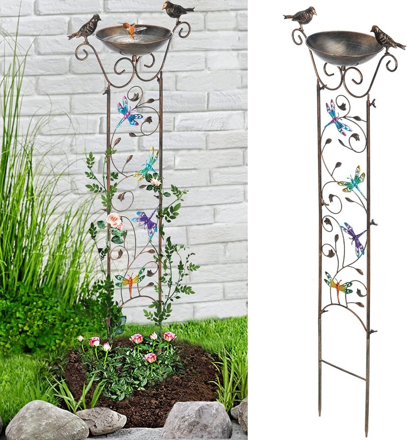 LEWIS&WAYNE Garden Trellis Bird Bath Outdoor, 40 Inch Antique Iron Garden Plant Trellis Decorative with Dragonfly and Detachable Drinking Basin Bowl, Free Standing BirdBath Birdfeeder Station - Image 1